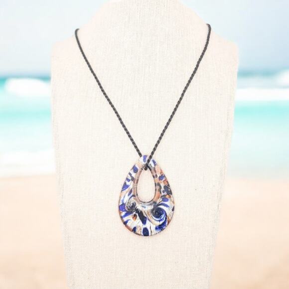 Murano /Venetian inspired glass metallic blue, silver & copper tear drop pendant - Picture 7 of 7